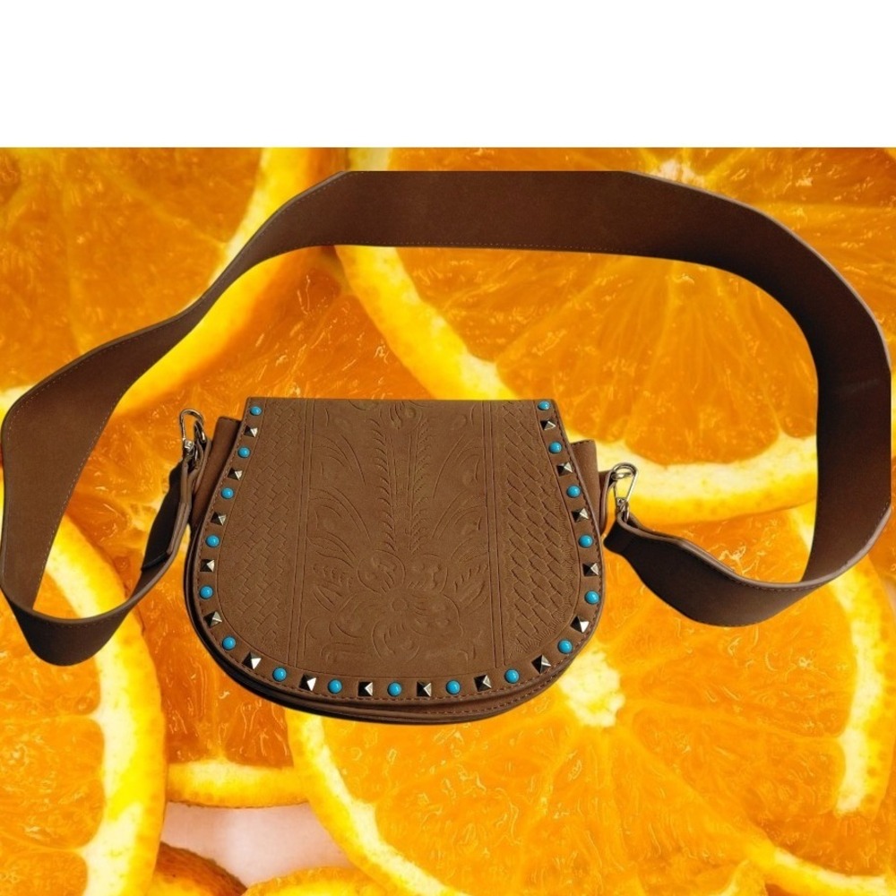 Kiss Me Couture Brown Faux Suede Floral Embossed Studded Saddle Crossbody Bag